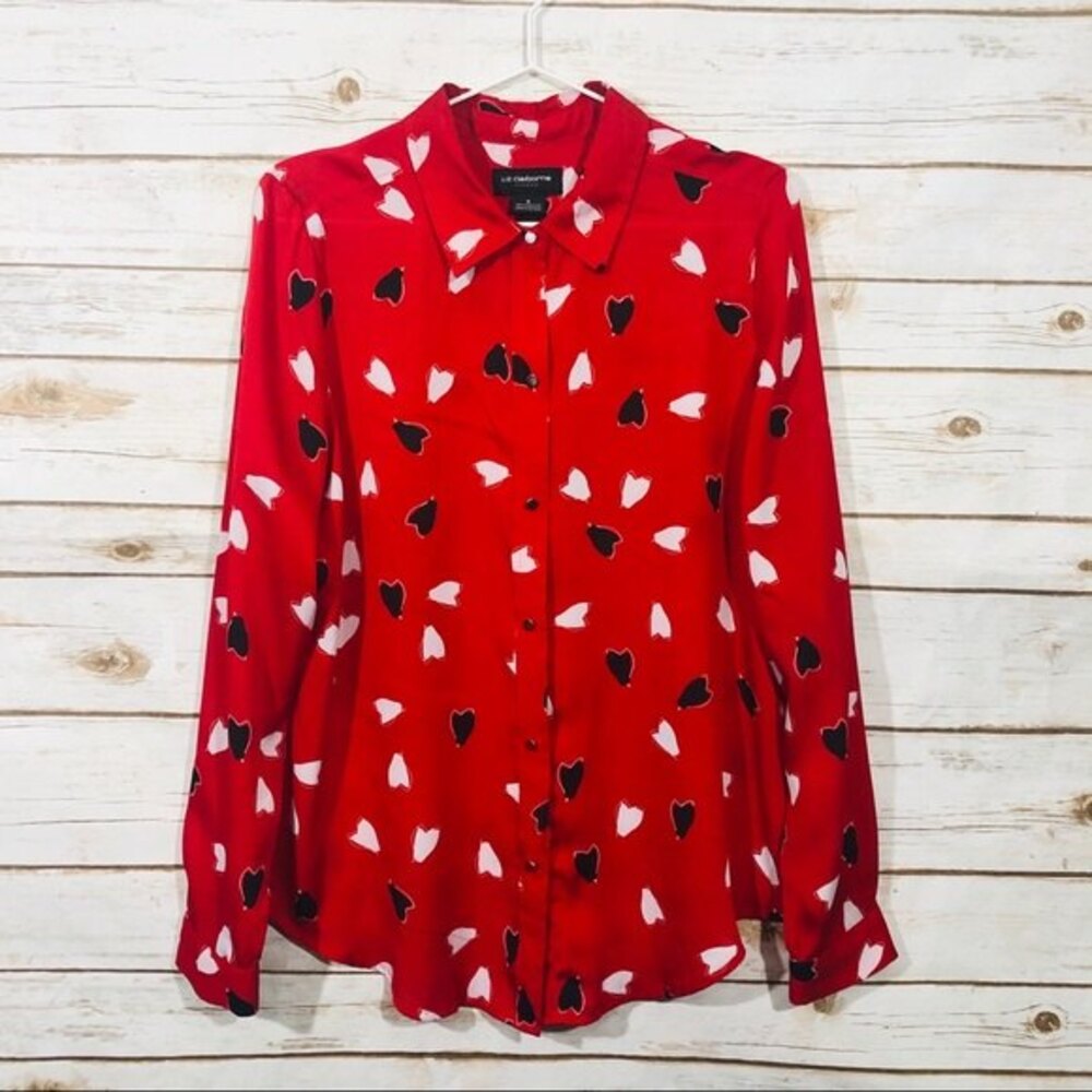 Liz Claiborne red heart long sleeve button down top size M